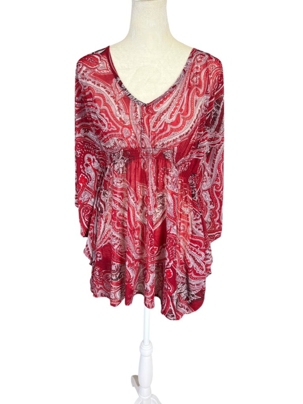 INC International Concepts Petite M red sheer flowy paisley print smocked waist